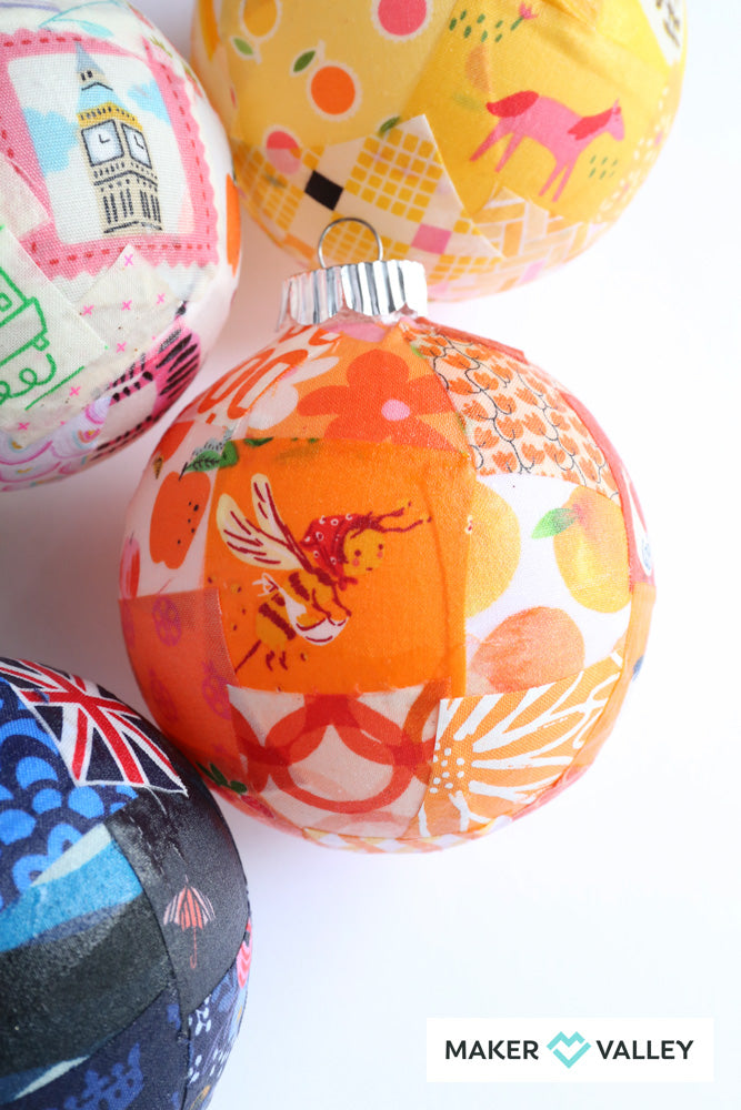 DIY Scrappy Fabric Mod Podge Ornaments - Downloadable PDF