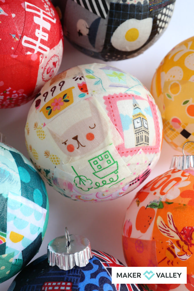 DIY Scrappy Fabric Mod Podge Ornaments - Downloadable PDF