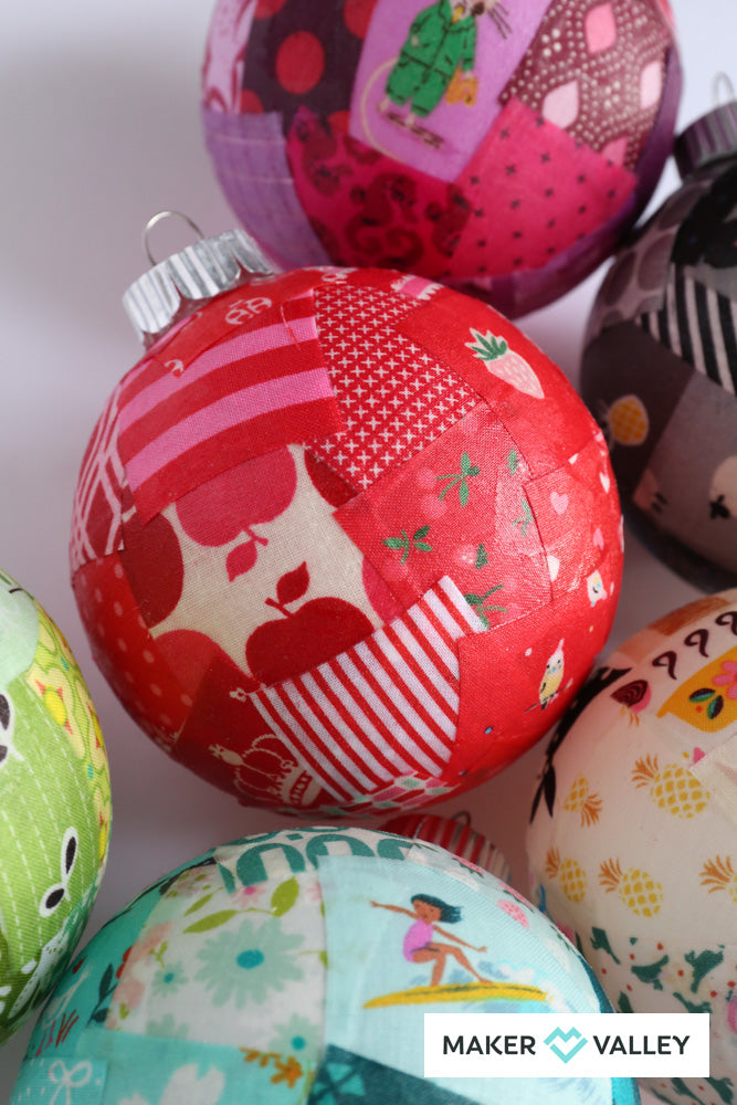 DIY Scrappy Fabric Mod Podge Ornaments - Downloadable PDF