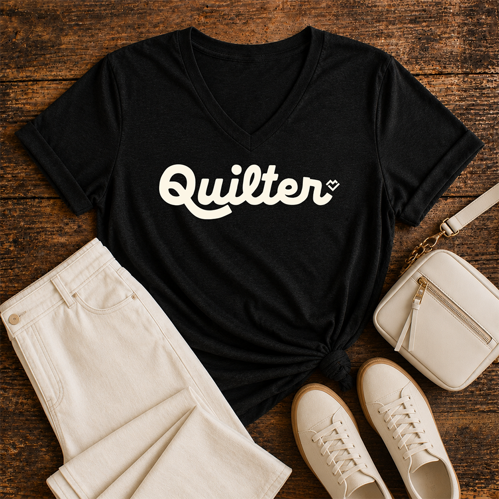 Quilter Script - V-neck T-shirt (Black)