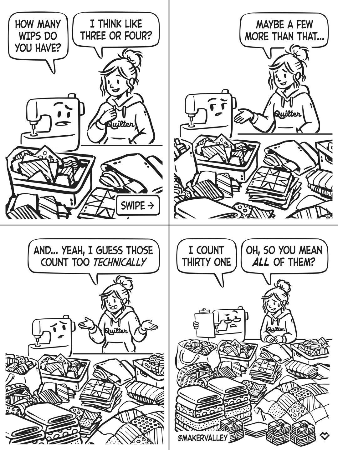 Saturday Morning Cartoon: a quilter's pile of works in progress