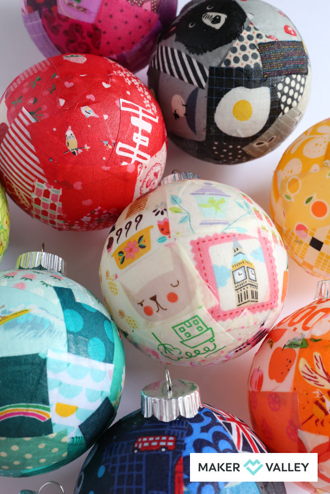 DIY Scrappy Fabric Mod Podge Ornaments - Downloadable PDF