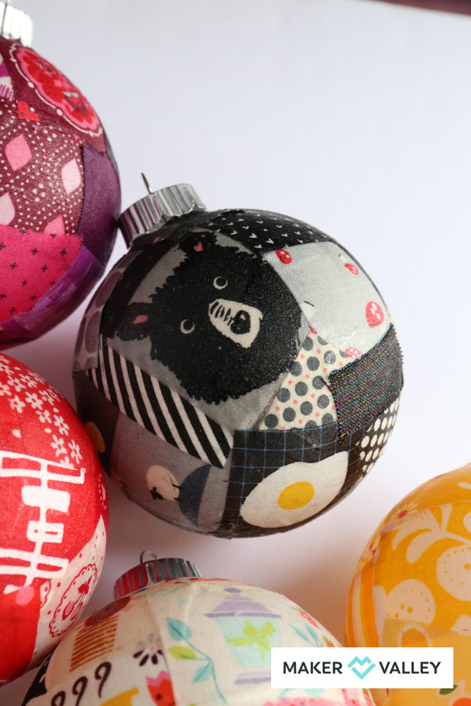 DIY Scrappy Fabric Mod Podge Ornaments - Downloadable PDF