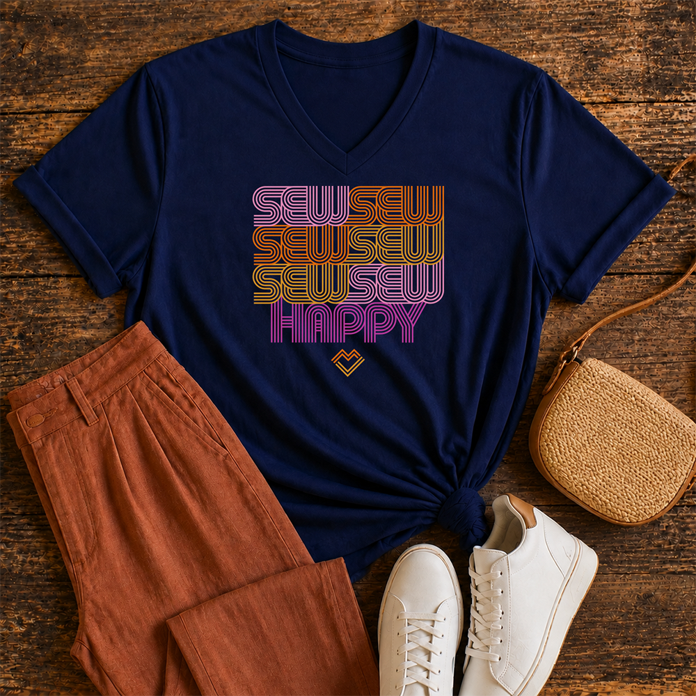 Sew Sew Sew Happy - V-Neck T-Shirt (Navy)