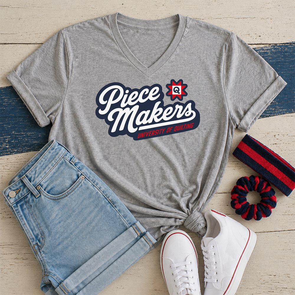 University of Quilting: Piecemakers Script - V-neck T-shirt (Gray)