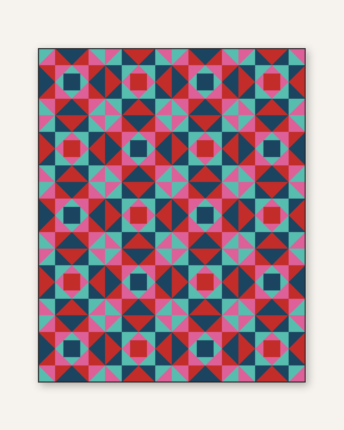 Economy Stars quilt pattern four-color version in navy, red, pink and aqua