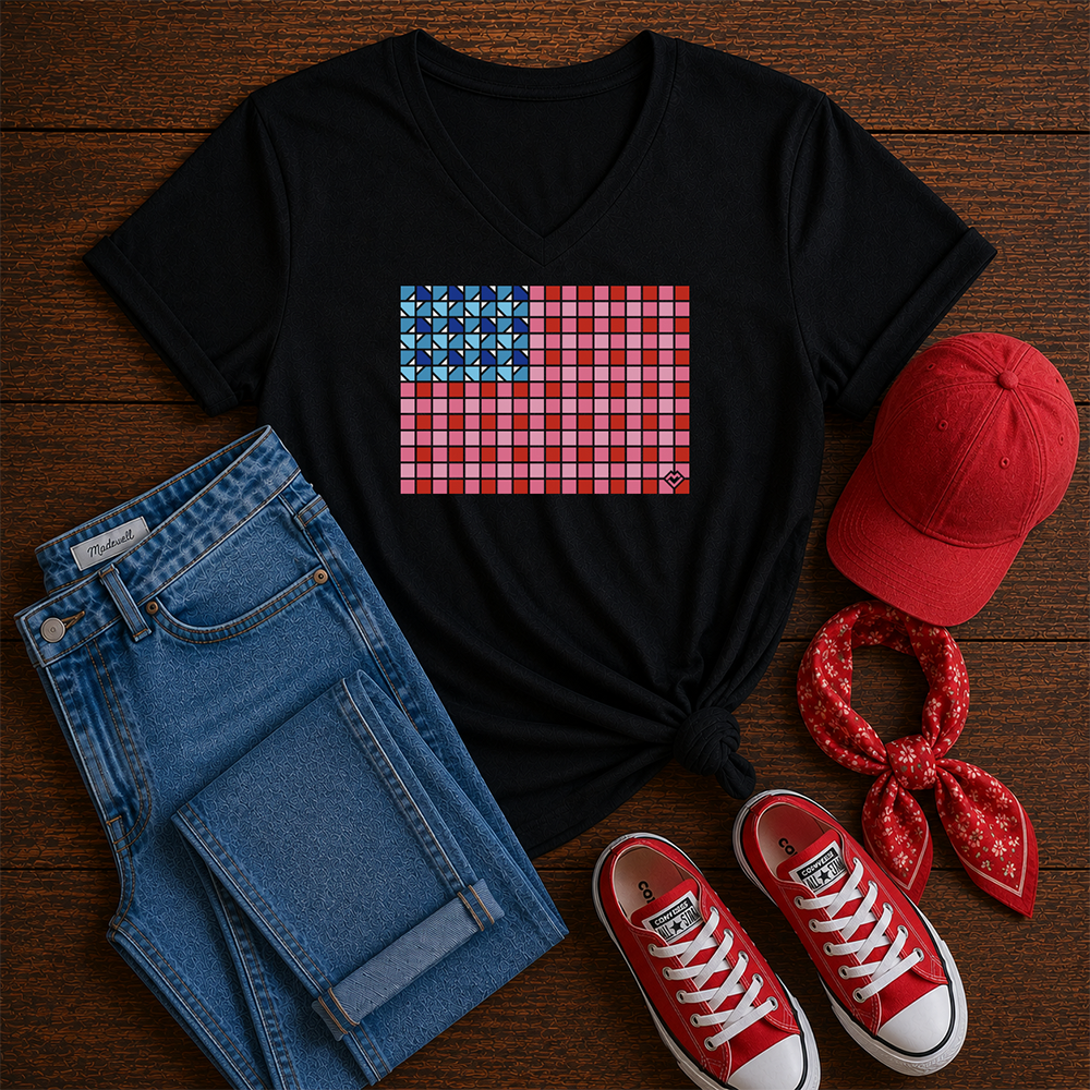 Yankee Doodle Gingham - V-neck T-shirt (Black)