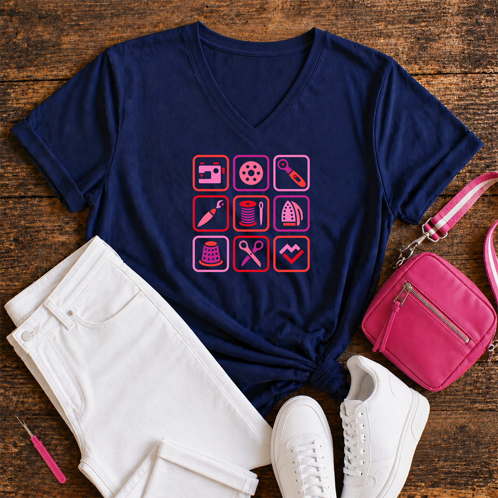 Sewing Symbols - V-Neck T-Shirt (Navy)
